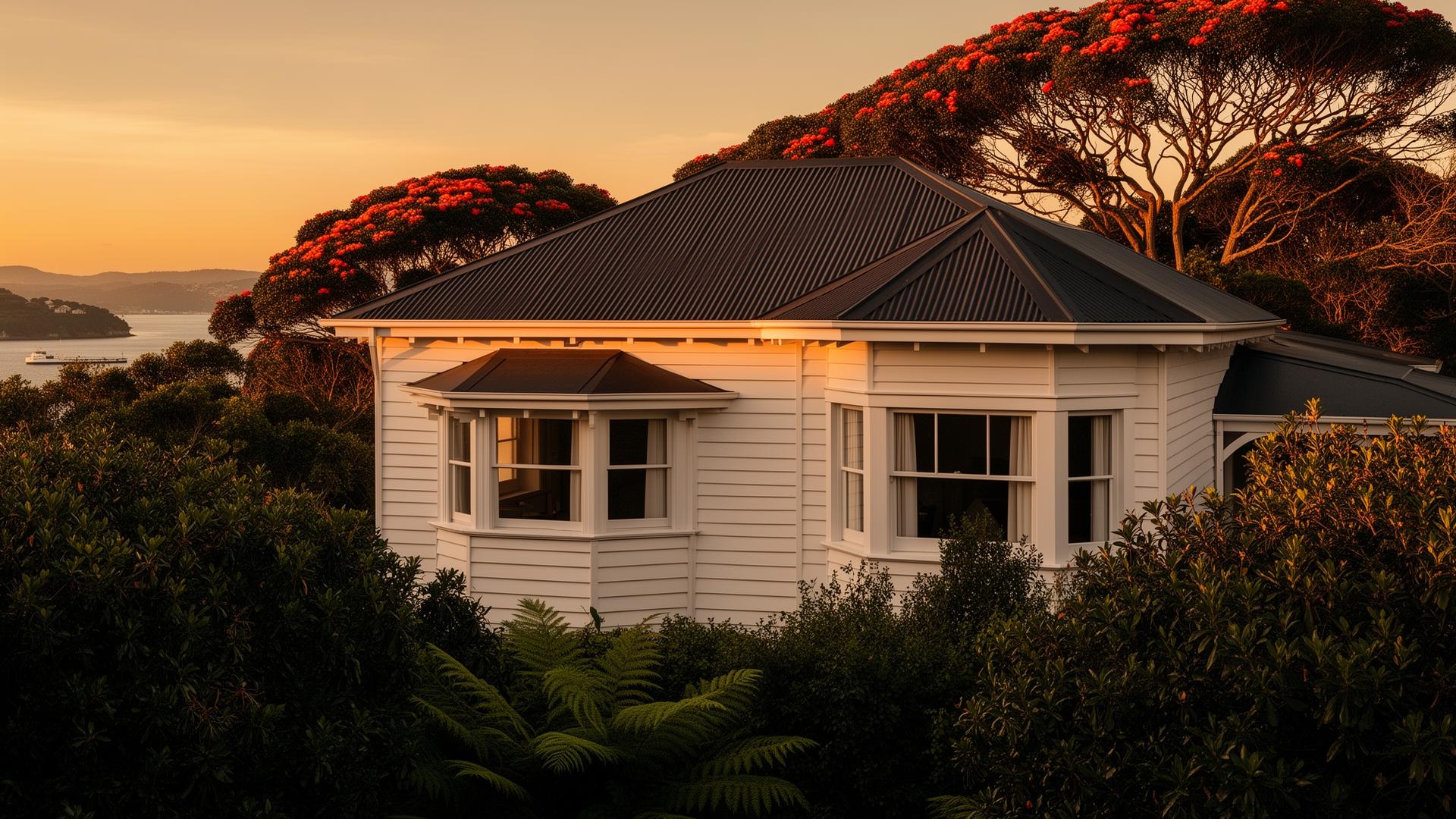 Classic New Zealand weatherboard villa at golden hour, with pohutukawa and harbour views